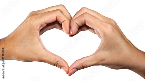 Two human hands forming the shape of a heart against a plain black background. The hands are well-groomed, with fingers gracefully curved to create a symmetrical heart outline. The skin has a natural 
