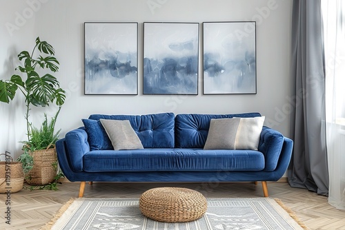 Real photo of bright living room interior with royal blue couch, three simple paintings, window with curtains and fresh plants