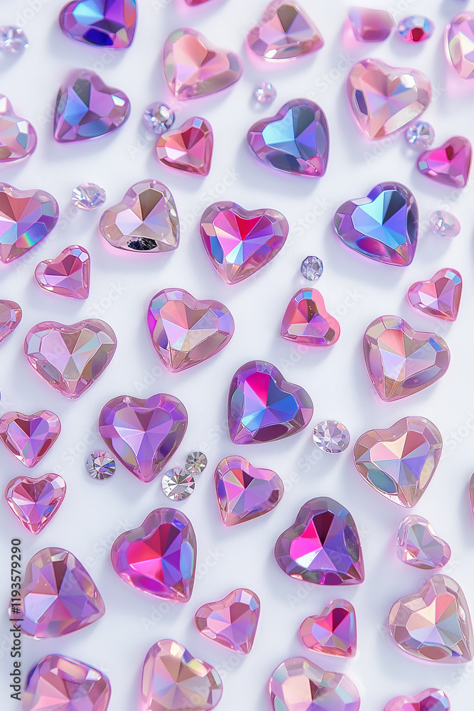 Pink heart shaped gems reflecting light on white background Pink heart shaped gems reflecting light on white background