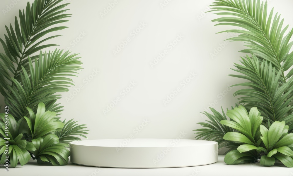 Green leaves surrounding a display pedestal Green leaves surrounding a display pedestal