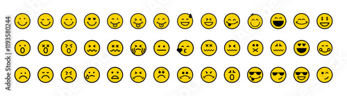  Set of round lines Emoji symbols. Emotion icons. Positive, Happy, Smile, Sad, Unhappy Faces Pictogram.