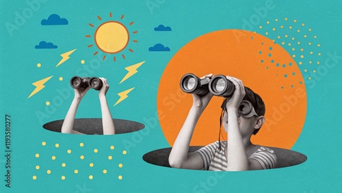 Cartoon illustration, split scene, binoculars, curious explorer, sun, clouds, rocket ship, birds, retro style, vibrant colors, orange circle, blue background, playful composition, collage effect, chil