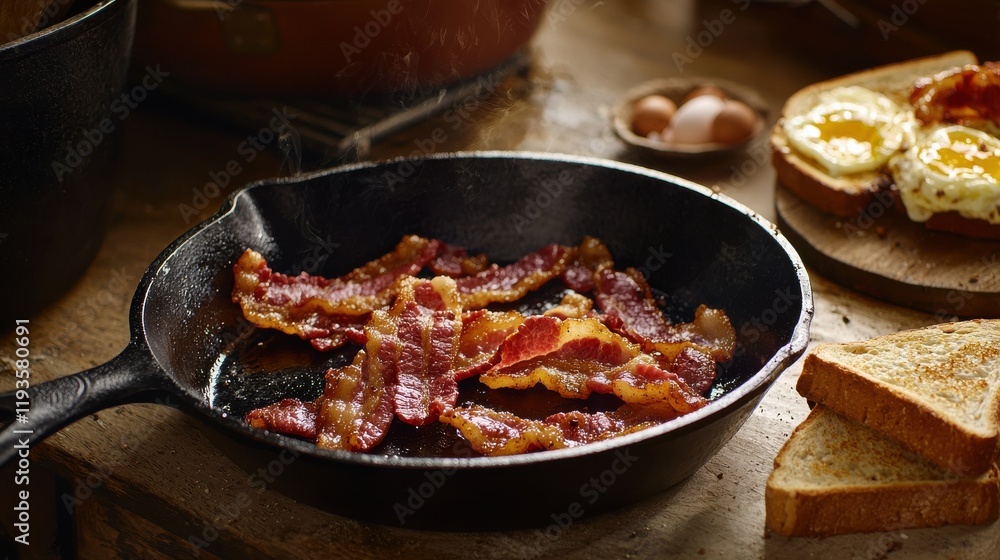 Sizzling bacon cooking in cast iron skillet rustic kitchen food warm atmosphere close-up culinary delight Sizzling bacon cooking in cast iron skillet rustic kitchen food warm atmosphere close-up culinary delight