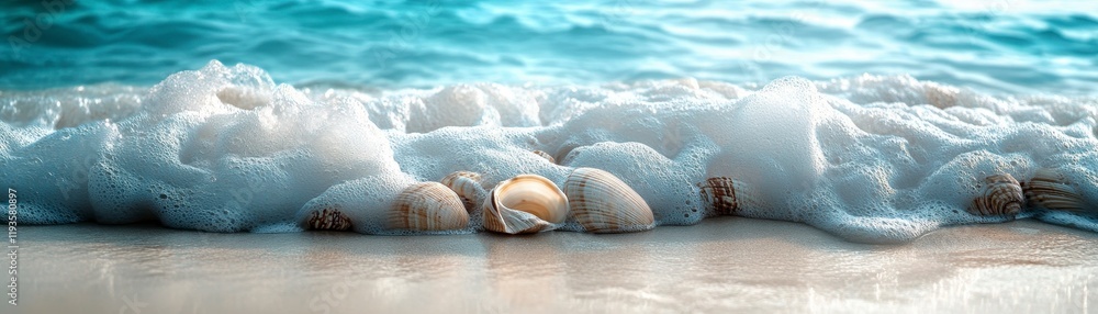 A tranquil beach scene featuring shells partially submerged in gentle ocean waves, capturing the beauty of nature's shoreline. A tranquil beach scene featuring shells partially submerged in gentle ocean waves, capturing the beauty of nature's shoreline.
