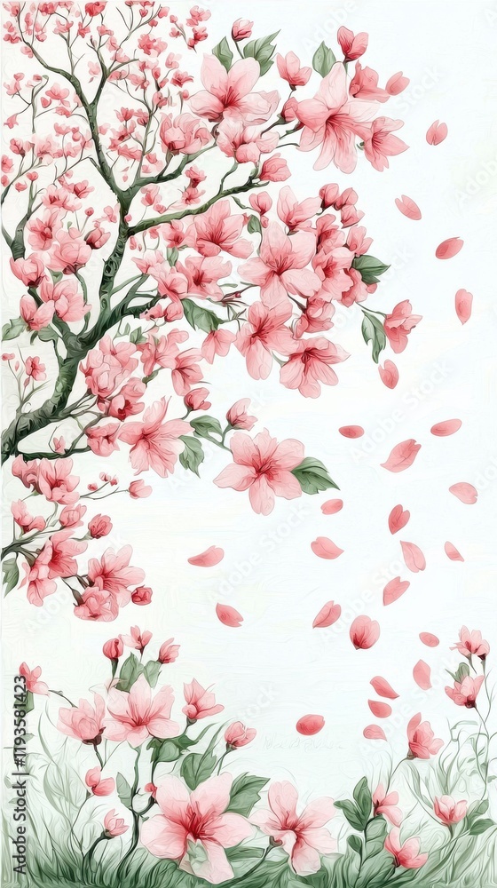 Naklejka premium Cherry blossom tree in full bloom nature watercolor artwork tranquil environment close-up view serenity concept