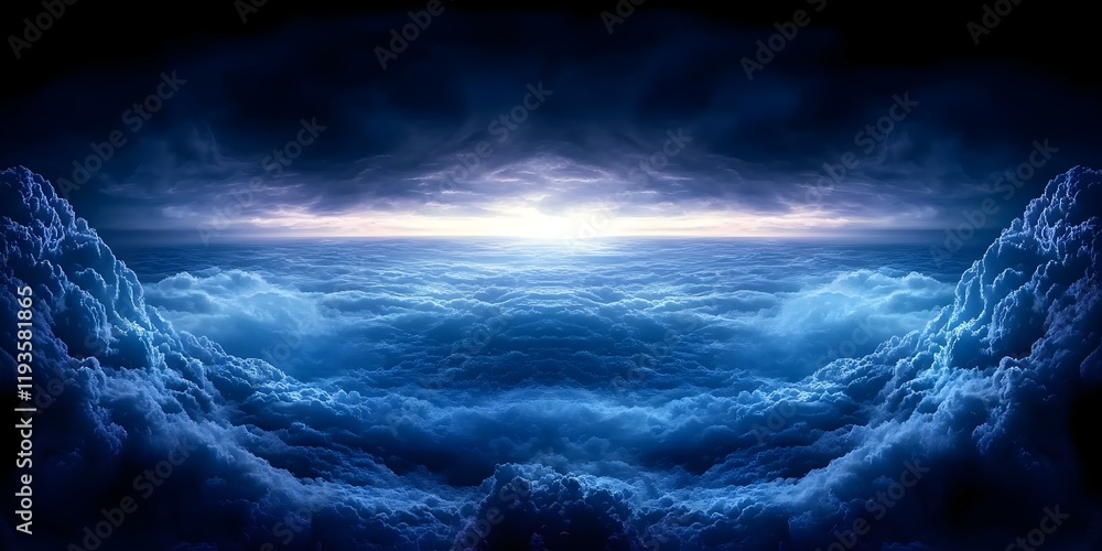 Fototapeta premium A dramatic view of a cloudy sky at sunrise, with layers of clouds illuminated by soft, diffused light reflecting the ocean below. Concept Dramatic Sunrise Views, Cloud Layers, Soft Diffused Light