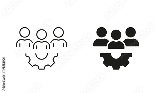 Workforce Line and Silhouette Icon. Manager Sign with Cog Wheel. Teamwork, Leader, Project Management Symbol. Editable Stroke. Isolated Vector Illustration