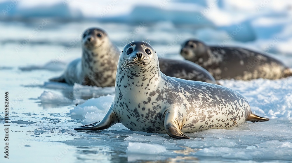 Obraz premium Seals resting on ice floes in arctic environment. Possible use Stock photography