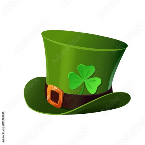 A vibrant vector illustration of a classic green leprechaun hat, perfect for St. Patrick's Day celebrations. The hat features a shiny golden buckle on a brown belt. Adorning the side of the hat is a