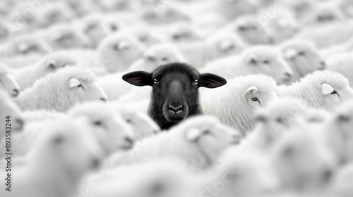 A single black sheep standing out in a flock of white sheep, symbolizing individuality and uniqueness. photo