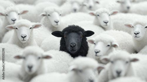 A single black sheep standing out in a flock of white sheep, symbolizing individuality and uniqueness. photo