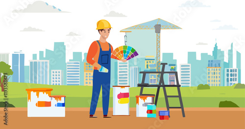 A construction worker is holding a vibrant color palette in front of a stunning city skyline filled with highrise buildings and skyscrapers
