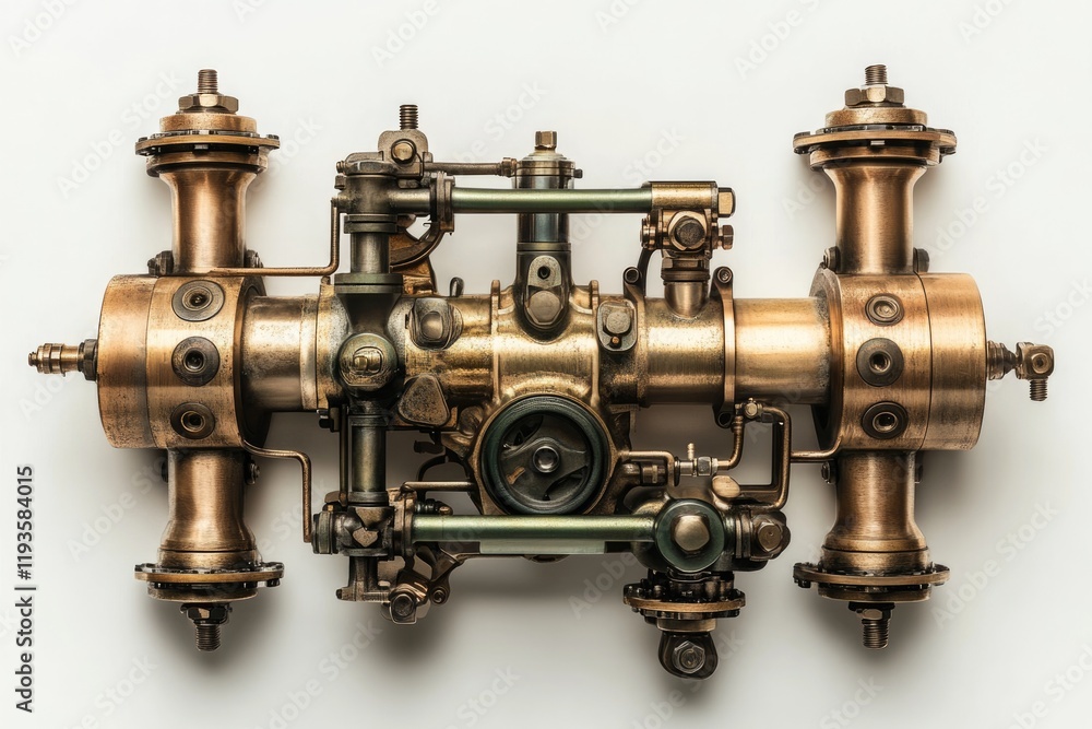 Intricate steampunk-style brass mechanism, showcasing complex gears and pipes. Intricate steampunk-style brass mechanism, showcasing complex gears and pipes.
