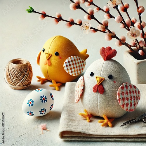 Textile chicken and chick sewn from sicca fabric. Easter interior decoration concept. AI generated. photo