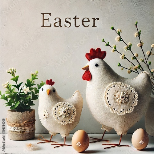 Textile chicken and chick sewn from sicca fabric. Easter interior decoration concept. AI generated. photo