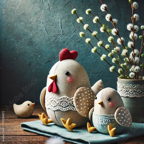 Textile chicken and chick sewn from sicca fabric. Easter interior decoration concept. AI generated. photo