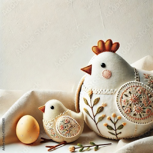 Textile chicken and chick sewn from sicca fabric. Easter interior decoration concept. AI generated. photo