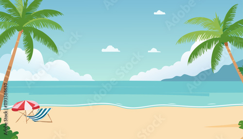 This is a beautifully crafted pixel art illustration depicting a serene beach, complete with tall palm trees, colorful chairs, and a truly stunning coastline