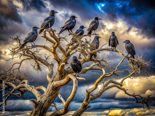 Majestic Black Crows Perched Atop a Tree in High Definition photo