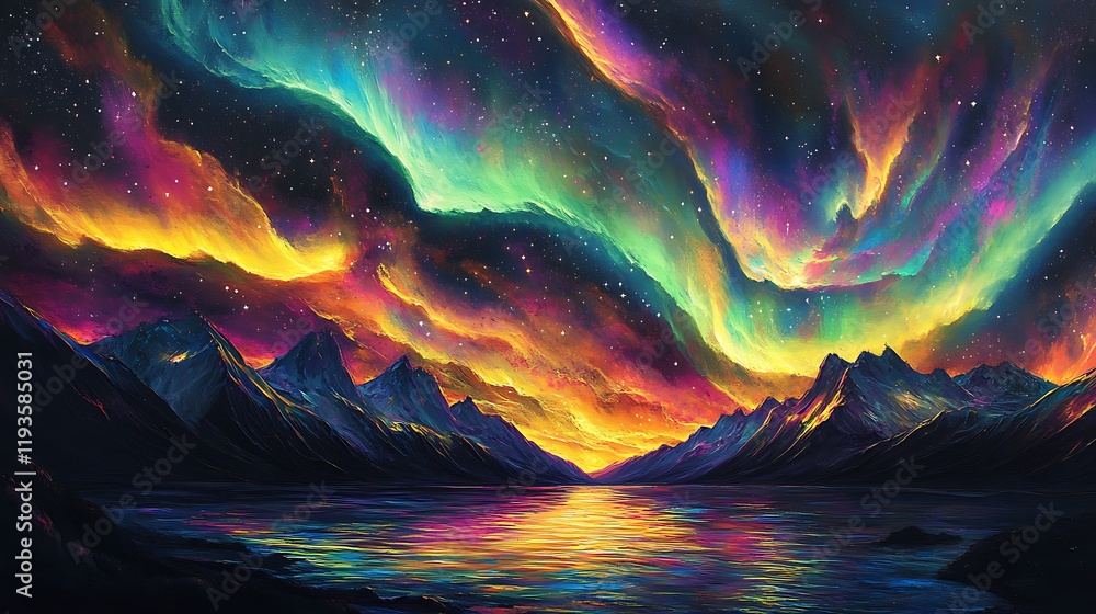 Obraz premium Vibrant Aurora Borealis Over Majestic Mountains and Calm Lake