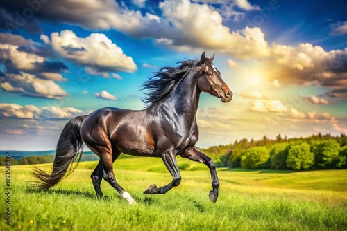 Majestic Black Trotter Horse Walking on Sunny Day - Stock Photo photo