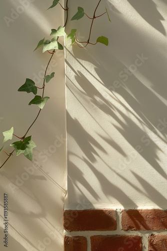 Sunlight casts shadows of ivy leaves on a white wall with a brick base