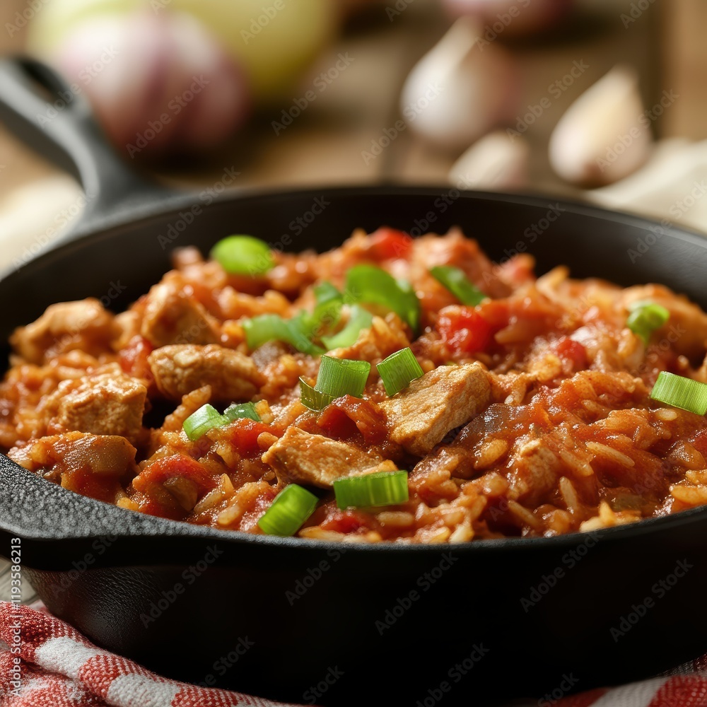 Delicious home cooked jambalaya in a cast iron skillet. Traditional specialty of Louisiana and other Southerns states . Delicious home cooked jambalaya in a cast iron skillet. Traditional specialty of Louisiana and other Southerns states .