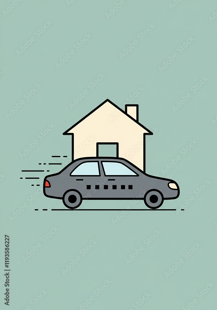 Simple Car Driving Past House Illustration - Perfect for Transportation and Commuting Themes. Simple Car Driving Past House Illustration - Perfect for Transportation and Commuting Themes.