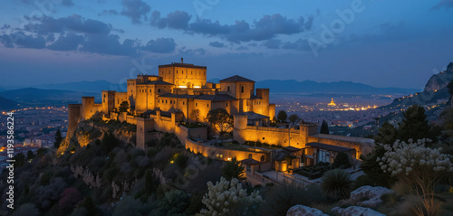 A hilltop fortress glowing warmly under subtle lighting that highlights its rugged stone walls and battlements. The surrounding gardens and views of the illuminated city below create a serene. photo