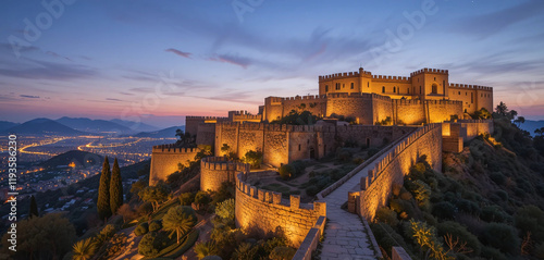 A hilltop fortress glowing warmly under subtle lighting that highlights its rugged stone walls and battlements. The surrounding gardens and views of the illuminated city below create a serene. photo