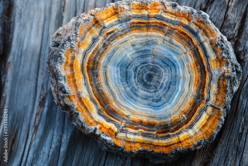 A mesmerizing cross-section of a petrified wood showcasing vibrant concentric rings of blue, grey, and orange hues. photo