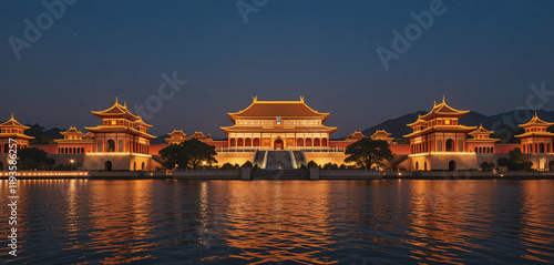 A grand imperial garden complex, softly lit to reveal its ornate pavilions, arched bridges, and tranquil Kunming Lake.  photo