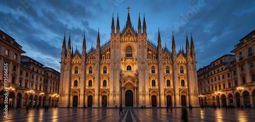 A grand Gothic cathedral glowing under warm lights, its countless spires and intricate sculptures standing out against the evening sky. The surrounding piazza, quiet and reflective. photo