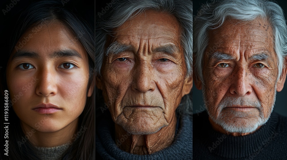 A captivating portrait series showcasing three generations of faces in natural light A captivating portrait series showcasing three generations of faces in natural light