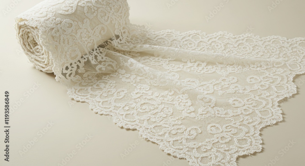 Roll of White Lace Trim Fabric on Pale Background Roll of White Lace Trim Fabric on Pale Background