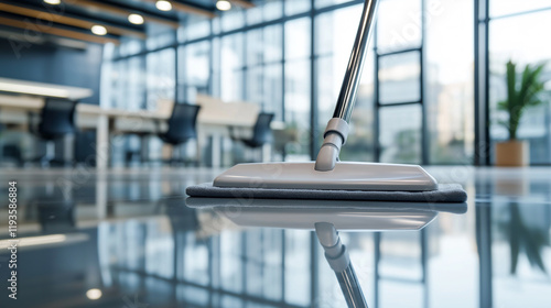 A close-up of a mop cleaning a shiny floor in a modern interior with reflective surfaces, symbolizing cleanliness and hygiene. photo