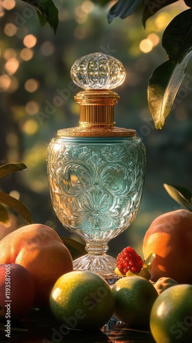 A captivating glass bottle with intricate designs sits on a table, illuminated by warm sunlight. Surrounding it are vibrant fruits, showcasing a rich garden atmosphere