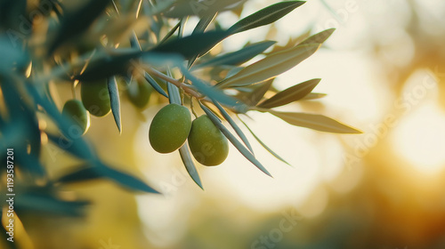 Close-up of olive branches with ripe green olives, bathed in soft golden sunlight, representing nature and agriculture. photo