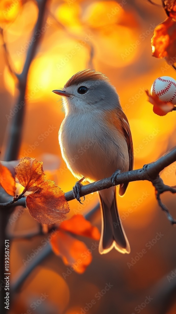 A vibrant bird sits on a branch amid fiery autumn leaves, illuminated by the warm glow of a sunset, creating a serene and captivating atmosphere A vibrant bird sits on a branch amid fiery autumn leaves, illuminated by the warm glow of a sunset, creating a serene and captivating atmosphere