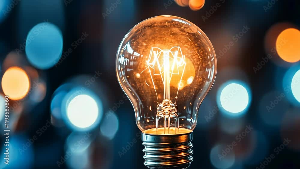 Brightly lit bulb creates warm ambiance with sparkling lights in the background during evening hours