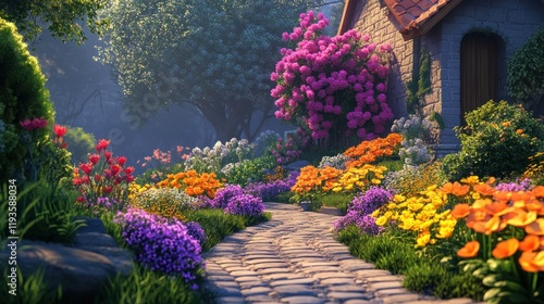 A cobblestone pathway leads through a vibrant garden to a charming stone cottage