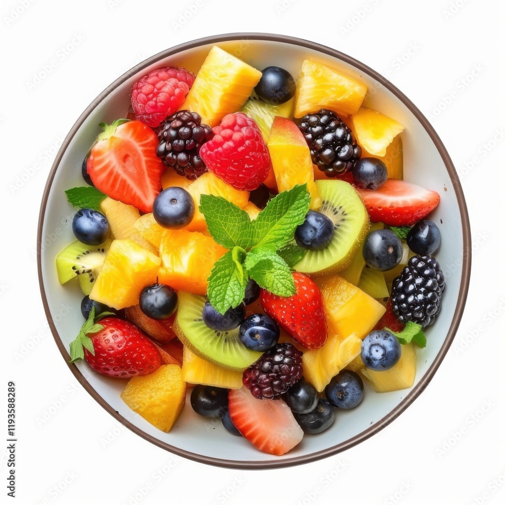 A bowl of fruit salad with assorted fruits and a sprinkle of mint leaves, isolated white background, vibrant art style A bowl of fruit salad with assorted fruits and a sprinkle of mint leaves, isolated white background, vibrant art style