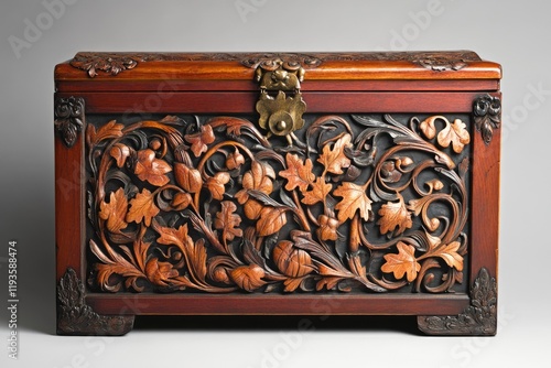 Intricately carved wooden chest with ornate floral motifs and a brass clasp. photo