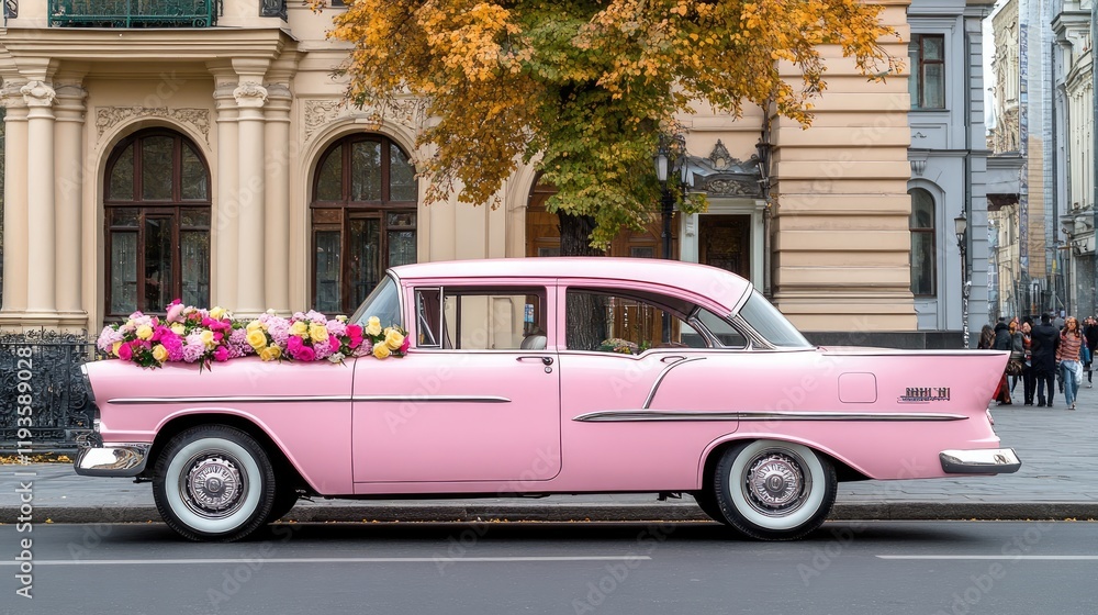 Classic car adorned with pink flowers in a lush green forest, creating a romantic wedding atmosphere Classic car adorned with pink flowers in a lush green forest, creating a romantic wedding atmosphere