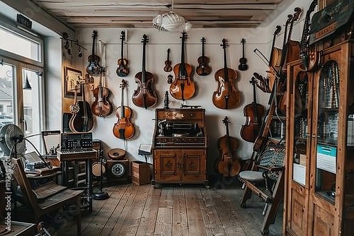 A cozy music shop featuring various string instruments and vintage decor.