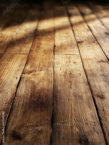 A warm, rustic wooden floor with sunlight casting shadows, creating a cozy and inviting atmosphere.