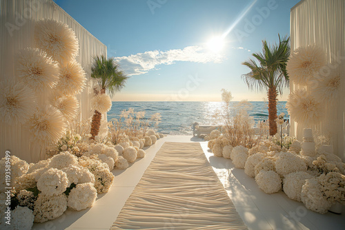 Fototapeta Naklejka Na Ścianę i Meble -  Wedding white pathway leads to beach with palm trees, decorated flowers