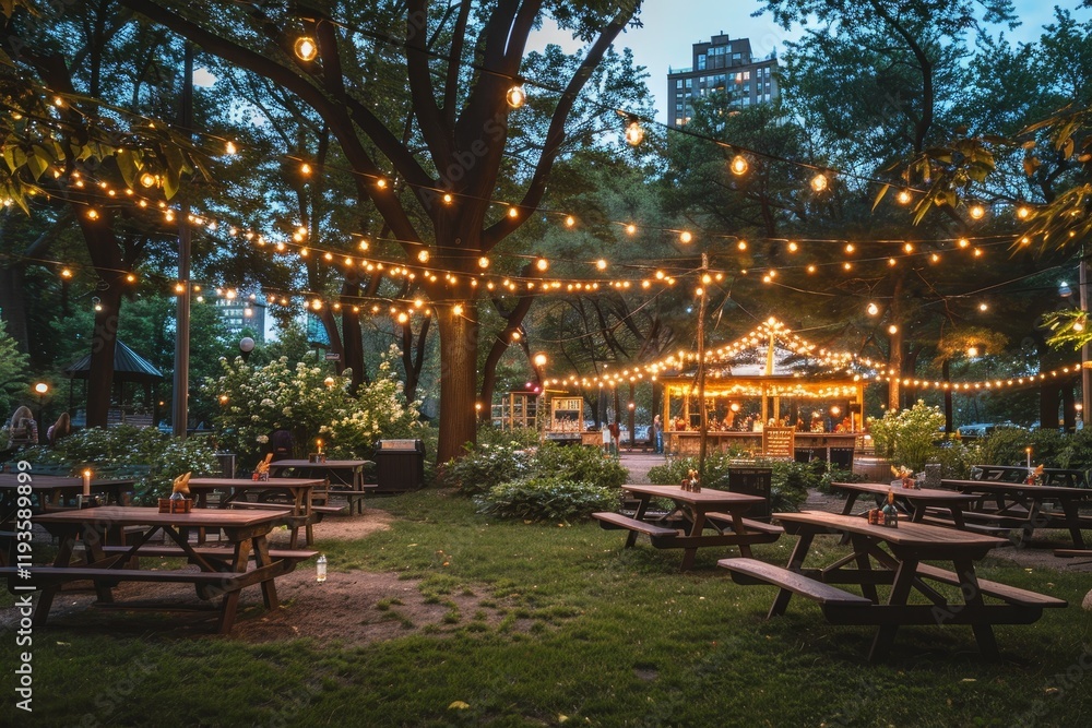 Obraz premium A cozy outdoor seating area with string lights, perfect for gatherings and relaxation.
