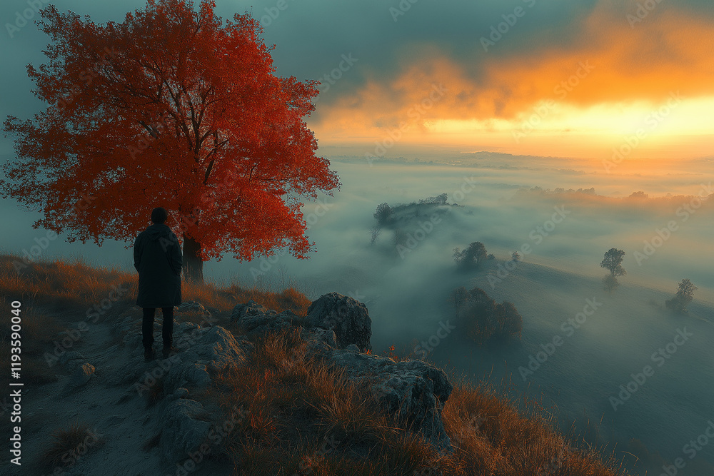 Obraz premium Matin d’automne brumeux à la campagne avec feuillage orange et rouge