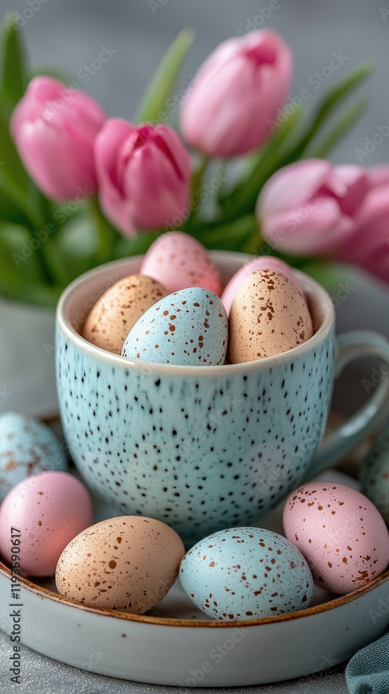 Pastel Easter Eggs in Speckled Cup with Pink Tulips - Springtime Decor and Celebration Theme Pastel Easter Eggs in Speckled Cup with Pink Tulips - Springtime Decor and Celebration Theme